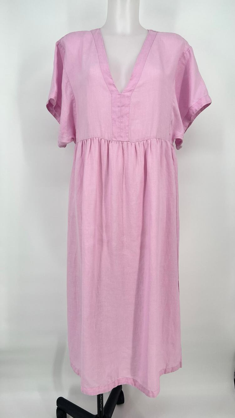 Oliphant 100% Linen Shift Dress Womens Medium Bahama Pink V Neck Midi Lagenlook